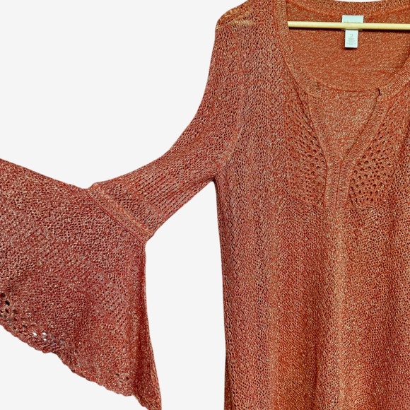 Chico's Rusty Orange Knit Bell Sleeve Layered V-neck Sweater Sz 12 - Picture 3 of 8